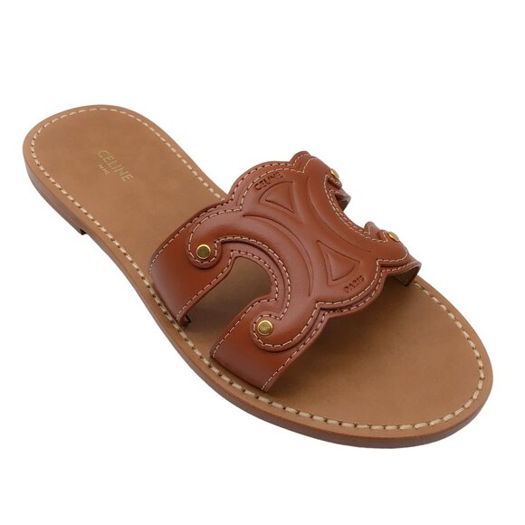 CELINE TAN LEATHER TRIOMPHE SLIDE SANDALS - Picture 1 of 11